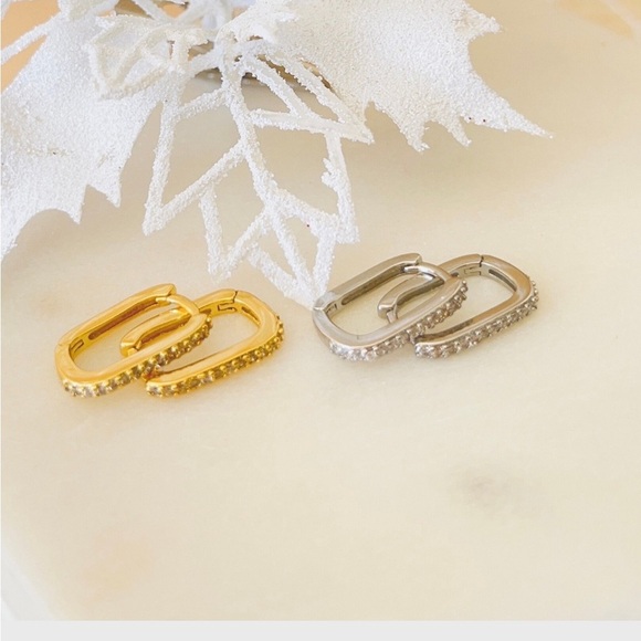 Rectangle Pave Link Earrings,925 Sterling Silver Cable Chain Earrings, - Picture 4 of 4